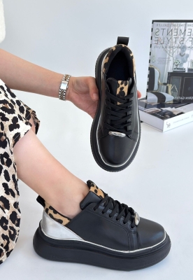 Jista Siyah Cilt Gümüş Detaylı Bağcıklı Spor Ayakkabı