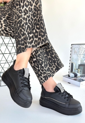 Leope Siyah Cilt Bağcıklı Spor Ayakkabı