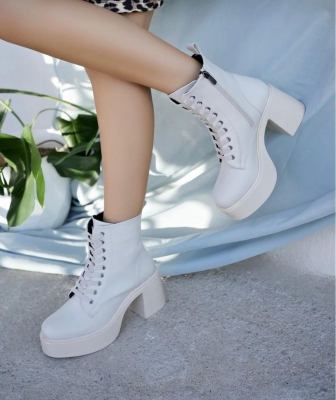 Tsan Bej Cilt Bağcıklı Topuklu Bot